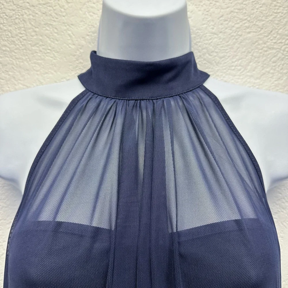 V501 Venus Women’s Sz Lg High Collar Navy Ruche Sleeveless Blouse NWOT - Picture 6 of 14